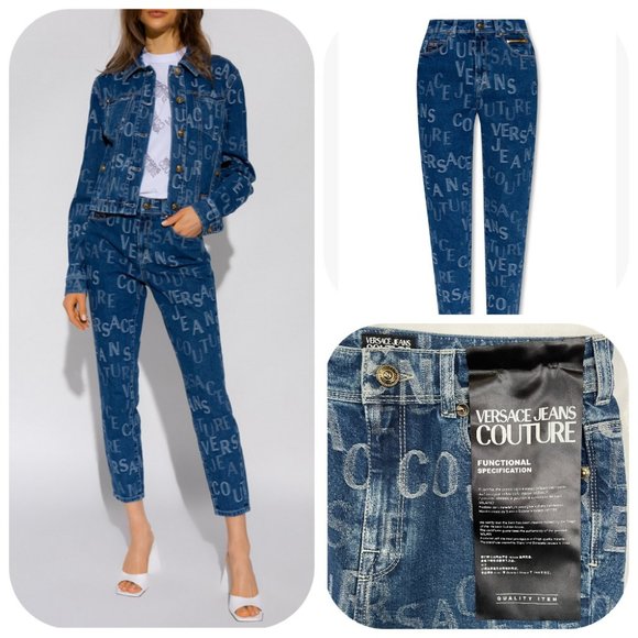NWT $525 Authentic Versace Couture allover logo stretchy cotton jeans 27 - Picture 3 of 17